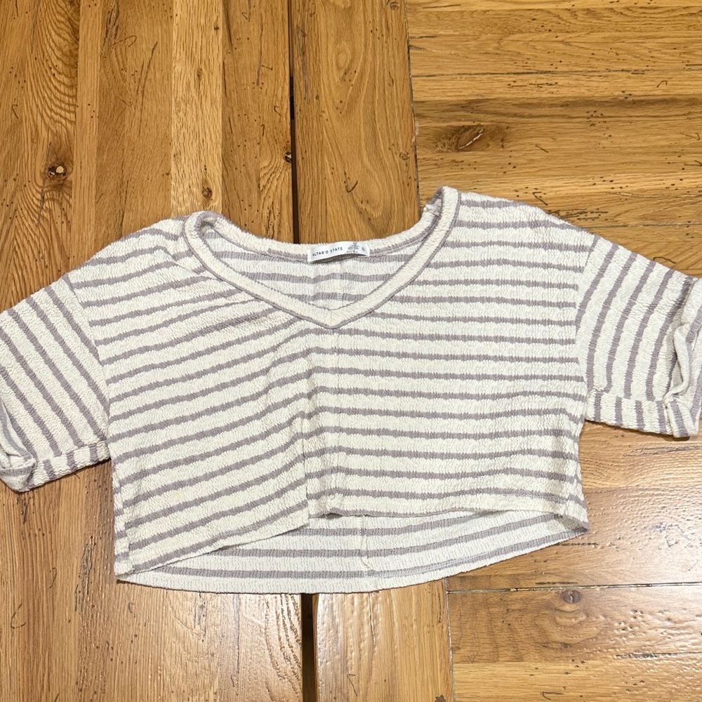Altar'd State Striped Crop Top in Cream and Gray